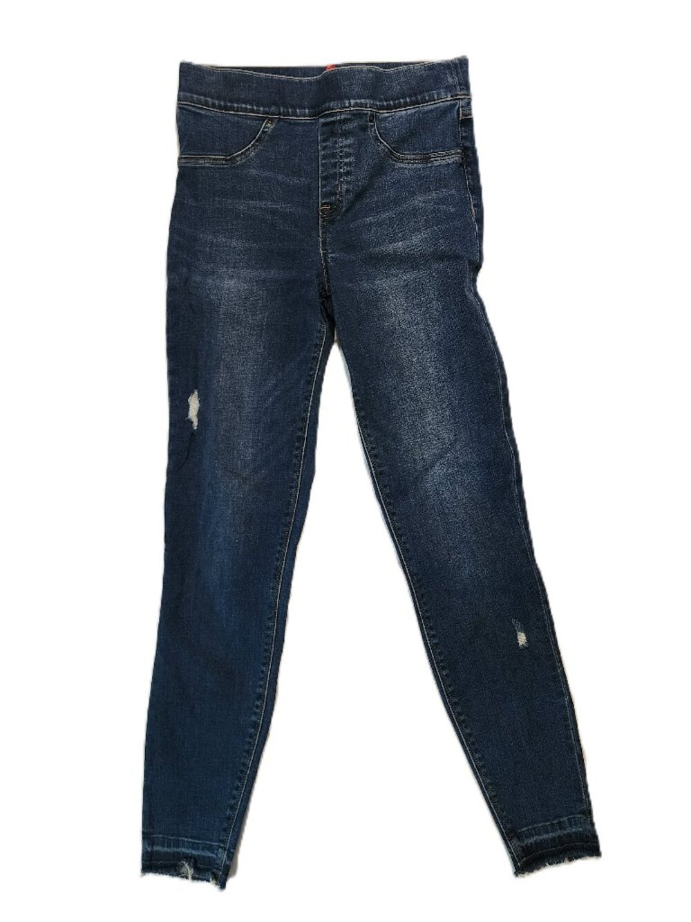 SPANX Distressed Skinny Jeans Dark Wash Pull-On Raw Hem Small S Blue Denim